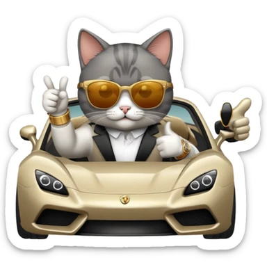 cat wearing sunglasses and a watch giving a thumbs up next to a fancy car sticker