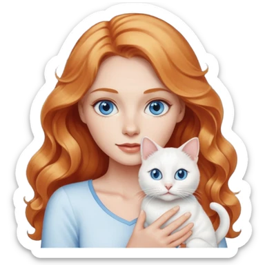 Long wavy strawberry blonde blue eyes woman with a white cat with blue eyes realistic  sticker