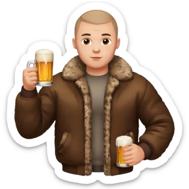 „A strong Russian young man with a buzz cut, muscular build, wearing a bear fur coat, holding a beer in one hand, confident expression, snowy background, Slavic aesthetics sticker