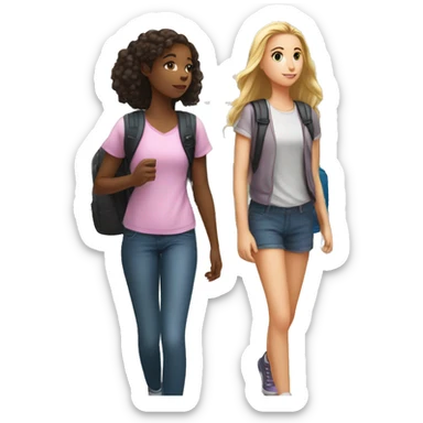 White teen girl and black teen girl are talking and walking with lockers and a lot of school kids behind them sticker