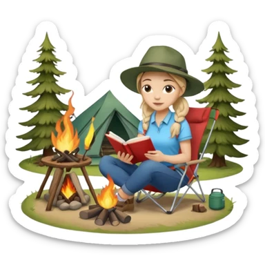 A pony tail hair woman journaling on a camping chair, enjoying the quiet nature scene beside a campfire sticker
