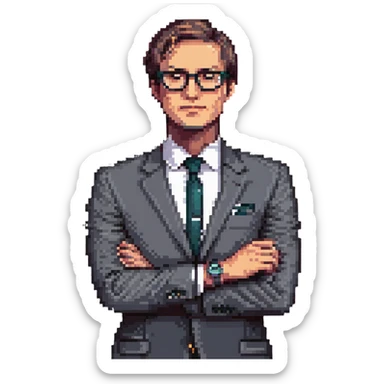 pixel art illustration of a businessman from the waist up, wearing a suit and glasses, hand under chin, gazing to the side with thoughtful expression, luxury watch subtly shown on wrist, curious and contemplative mood, clean background sticker