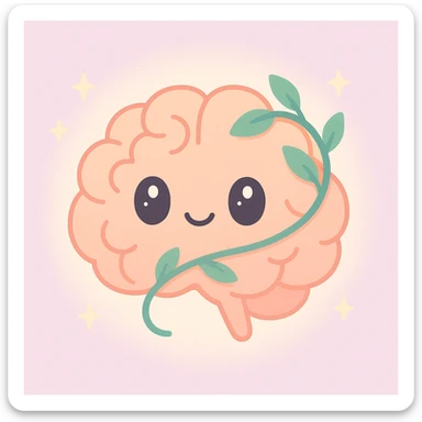 a stylized brain with a green vine wrapping around it, warm and uplifting, mental health support theme, gentle glow, soft pastel palette, cozy and nurturing atmosphere, warm tones, representing positive mental health sticker