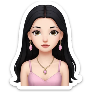 Menina branca ,cabelos longos cor preta , olhos cor preta puxados para cima. Cílios longos, lábios grossos ,nariz pequeno.vestido rosa claro de alça. Jovem de 16 anos .colar e brinco vivara sticker