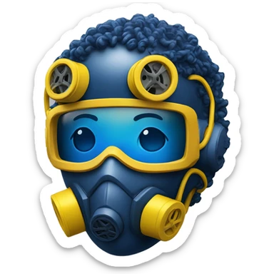 Dark Blue curly hair cyborg head with yellow respirator mask and circuitry sticker