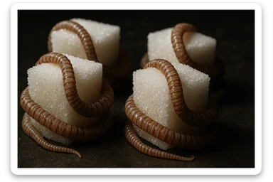 ZOLLETTE DI ZUCCHERO CON PARASSITI TIPO LA TENIA ARROTOLATE INTORNO AD OGNI ZOLLETTA, IPERREALISTICO 4K sticker