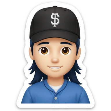 generate a pretty bratz boy wearing a dark blue button up shirt, long black mullet hair. Matching blue baseball cap on head. smirking sticker