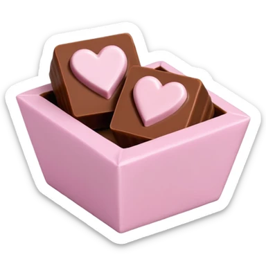 Two square milk chocolate 2 pralines only, Each praline is a sharp-edged cube with smooth glossy chocolate coating, placed in a small white fluted paper candy cup. On top of each cube is a flat pastel pink heart-shaped icing, thin and smooth, slightly translucent, with fine sugar crystal sparkle. sticker