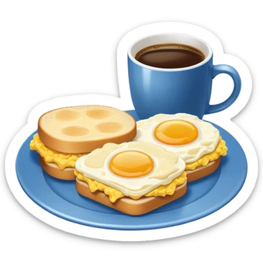 a blue plate with breakfast sandwiches and scrambled eggs and a cup of white coffee sticker