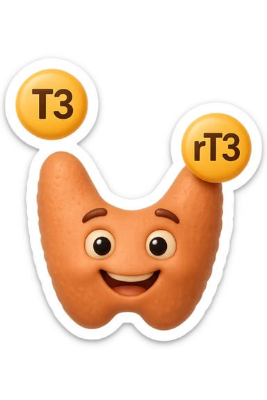 EMOJI STILE IPHONE 3D DI ormoni tiroidei (T3 ed rT3) che fluttuano in aria intorno ad una tiroide felice, iperrealistico 4k sticker