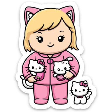 Blonde girl wearing pink Hello Kitty pajamas with two ragdoll cats sticker