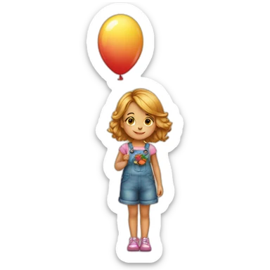 a beautiful little girl with a bouquet of flowers in her hands is standing near a big balloon sticker
