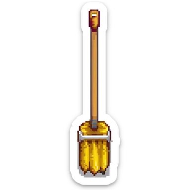 cartoon broom (vasoura), wooden handle, yellow bristles, retro game look sticker
