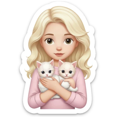 cô gái da trắng tóc bạch kim gợn sóng mặc áo màu hồng nhạt bế một em mèo con lông trắng sticker