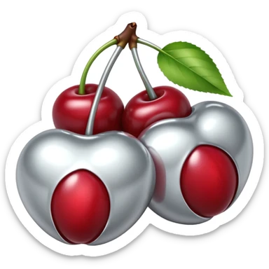 A pair of cherries emoji made of liquid silver chrome, smooth rounded shapes, glossy metallic surface, subtle sensual vibe, luxury sexy aesthetic, iOS emoji style, centered, clean white background sticker
