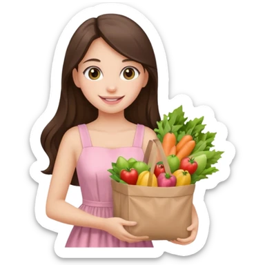 pretty smiling long brunette hair girl hazel eyes wearing light pink dress holding groceries sticker
