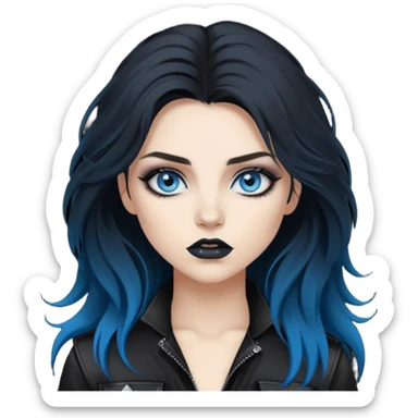 
 rockstar girl with long total black disheveled hair, blue eyes, Smokey eyes grunge makeup, rocking  sticker