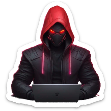 developer behind his laptop with this style : crysis Cyberpunk Riot Games Valorant neon glowing bright red character red dark black hooded assassin themed character sticker