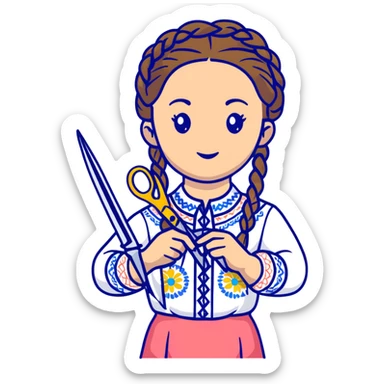 Ukrainian young girl with braided hair wearing a white embroidered traditional shirt (vyshyvanka) holding scissors and colorful craft paper sticker