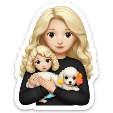 blonde girl with long hair in a black sweater holds a Poodle puppy in her arms sticker
