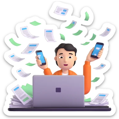 person holding a phone in one hand, laptop open in front, storm of receipts, invoices, and reminders swirling around, multitasking chaos sticker