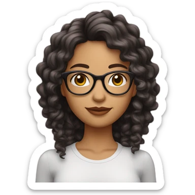 Chica con cabello rizado largo color castaño, piel blanca y que use lentes rosa palo y sus ojos medianos color negro   sticker