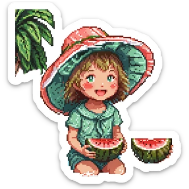 Change the river color to a deep blue, keeping the rest of the pixel art scene the same, with a cheerful child in a big sun hat eating watermelon by a sparkling river, water splashing, summer vibes. sticker