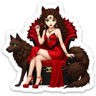 Lilith green eyes, symbol seductress evil brown curly long hair haired, sexy succubus woman with red and black Chanel dress on. A red and black stiletto platform high heel shoes on. sitting on a Black and gold throne. A large black fur wolf sitting beside her. Red rubies surround them both sticker