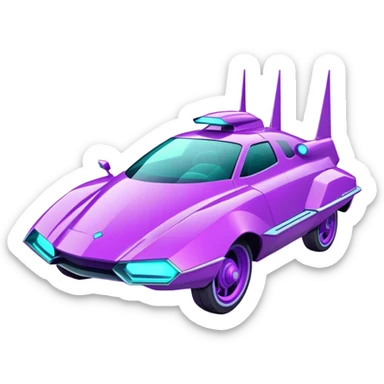 Futuristic retro hover car with sharp angular design and glowing purple wheels, flat vector style, minimal color palette with purple and teal accents sticker