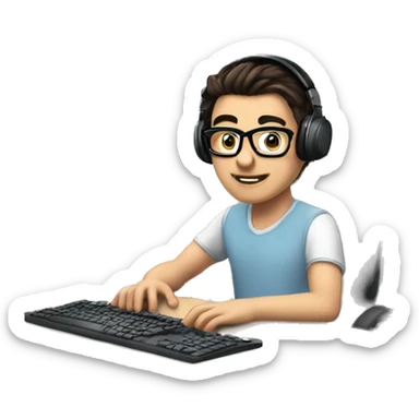 white boy with dark hair and glasses wearing gaming headset and sitting at desk on desktop computer   sticker