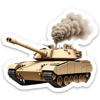 M1 Abrams (2022) – Cinematic-realistic M1 Abrams tank, its imposing desert-tan frame rolling across a war-torn battlefield. The massive 120mm smoothbore cannon swings into position, its engine roaring as it crushes debris under its heavy treads, dust and smoke swirling in the fiery glow of distant explosions. sticker