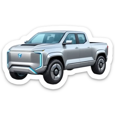 A futuristic electric pickup truck emoji, silver chrome body, angular cyber design, smooth metallic panels, subtle reflections, minimalistic proportions, iOS emoji style, centered composition, clean white background, soft lighting sticker