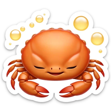 Meme-Worthy Cute Sleeping Baby Crab Portrait Emoji, Head and body resting peacefully with a contented smile, showcasing a petite, delicately armored form and eyes gently closed in serene slumber, Simplified yet adorably endearing features, highly detailed, glowing with a soft, drowsy coastal light, high shine, relaxed and utterly lovable, stylized with an air of playful laziness, soft glowing outline, capturing the essence of a sleeping baby crab that feels destined to become the next viral icon of adorable rest! sticker