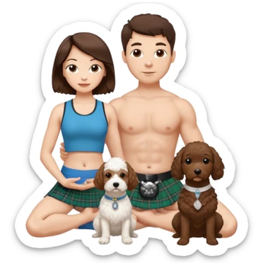 emoji of brunette man wearing kilt, brunette woman in yoga outfit and white cockapoo dog sticker