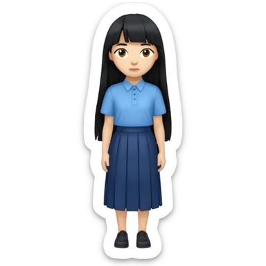 hair : black long hair with fringe 
skin : light 
cloth : oversize light blue shirt + navy long long skirt 
 sticker