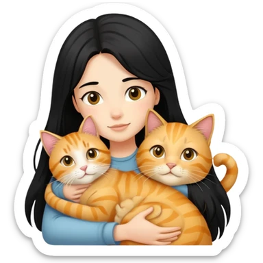 A black-haired girl hugs a long-haired golden tabby cat sticker