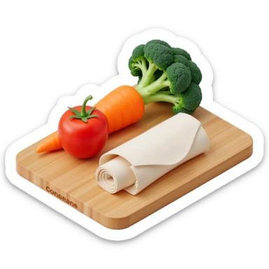 carrot tomato brocoli on the wooden cutting board with floating rolled paper list sticker