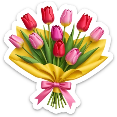bouquet of tulip with bow and yellow wrapping paper sticker