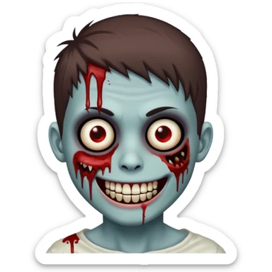 zombie boy with emo brown hair, white skin, and white eyes; an open smile, and bloodied teeth; sticker