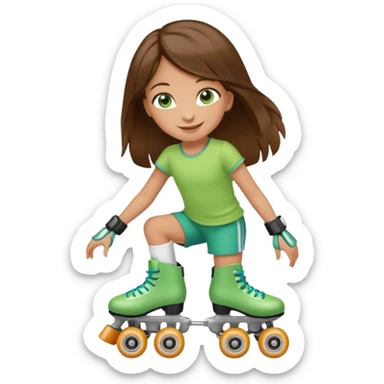 an 8 year old girl with green eyes and long brown hair. smiling. skating on quad style roller skates with white boot. sticker