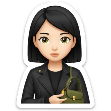A girl with a pony tail black hair and olive skin, Asian eyes, with a black jacket and a black purse  sticker