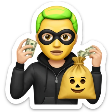 Ladrão com saco de dinheiro emoji efeito Mandela com pele amarelo com apenas a cabeça e os ombros aparecendo sem mãos com apenas a cabeça e os ombros aparecendo sticker