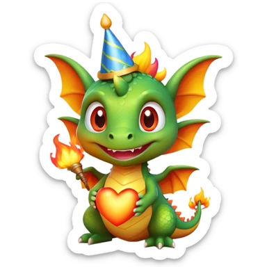 A baby dragon emoji, with big sparkling eyes and tiny wings, wearing a colorful birthday hat, smiling mischievously, blowing fire in the shape of a heart, stylized 3D cartoon, high detail, Pixar-style sticker