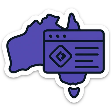 Integrate the official Microsoft Power Pages icon prominently into the map of Australia with digital web page overlay, use #403DAD as the main color, keep the modern and techy look, no text sticker