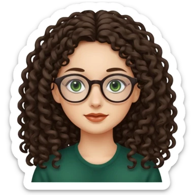 rapariga, olhos verdes escuros, rosto oval, cabelos muito compridos aos caracóis, com óculos sticker