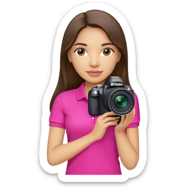 white latin woman with long brunette hair hot pink polo shirt and nikon camera sticker