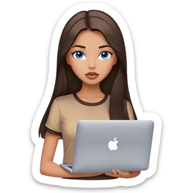 Glamours tanned very beautiful girl with big pump peach lips and dark chocolate straight smooth long hair, blue-grey eyes in brown/beige short sleeves clothing with MacBook sticker