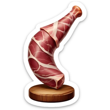 ​Cinematic Realistic Spanish Jamón Leg, depicted as a massive, cured leg of Jamón serrano (ham) with a deep reddish-brown hue, intricately marbled and slightly glossy with age, elegantly displayed on a rustic wooden stand and bathed in warm, soft lighting that accentuates its artisanal heritage, sticker