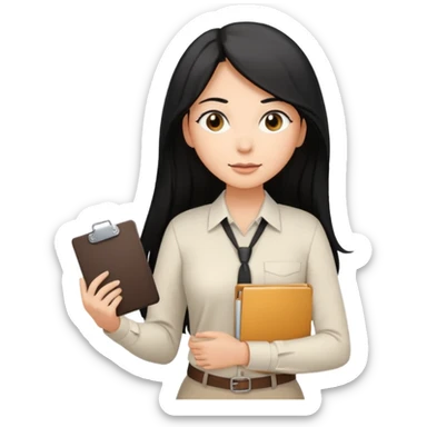 a light tan woman with long black hair past mid-back, round brown eyes, with folders in her hands. she has a id lanyard on and white professional blouse. sticker