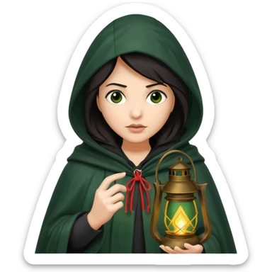 traitor tv show, dark haired woman wearing dark green cloak with hood up who looks very evil, is holding up a lantern, and looking down sticker